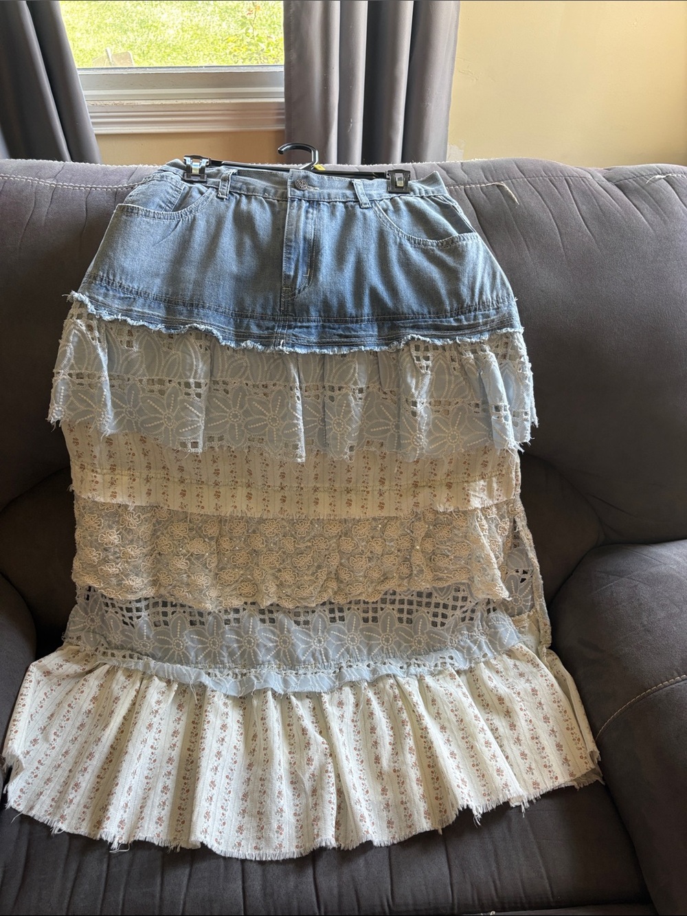 POL Denim and Cream Lace Tiered Maxi Skirt